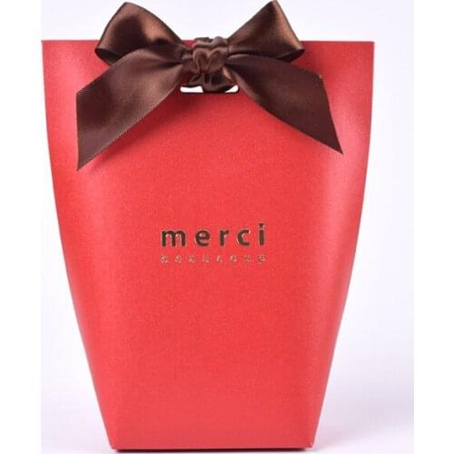 50pcs/lot New Hot Red Pillow Box Merci Ribbon Bow Present Carton Pouch Kraft box Gift DIY Boxes Pouch Wedding Party Supply