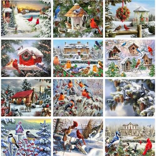 Huacan 5D DIY Diamond Painting Cross Stitch Bird Full Square Diamond Embroidery Winter Mosaic Wall Art