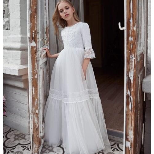 Bohemian Flower Girl Dresses For Wedding Lace Appliques A Line Kids Pageant Gowns Half Long Sleeves First Communion Dress