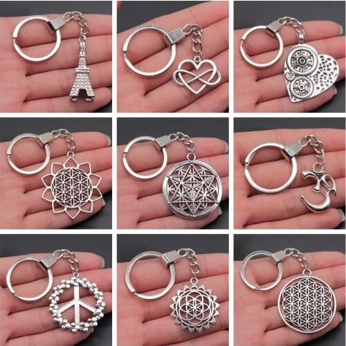 New Fashion Men 30mm Keychain DIY Metal Holder Chain Vintage Tower Carved Heart Flower Of Life Pendant Keyring Souvenir Gift
