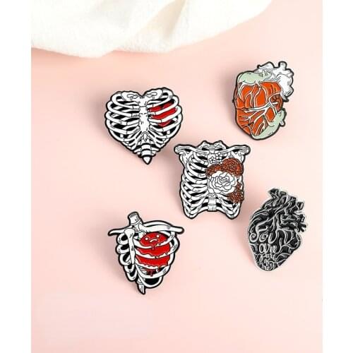 Skeleton Organ Enamel Pins Anatomical Heart Rose Brooches For Nurses And Doctors Black Punk Gothic Lapel Pin Badge Jewelry Gifts