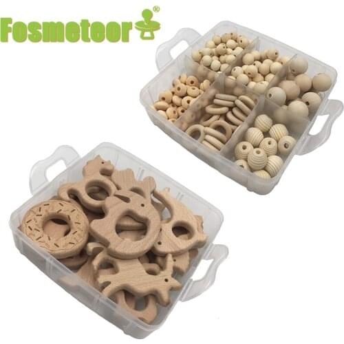 Fosmeteor 2 Boxed Best Quality Wood Baby Teether Nursing Jewelry Beech Wooden Animal Geometry Wood Beads Creative Wooden Teether