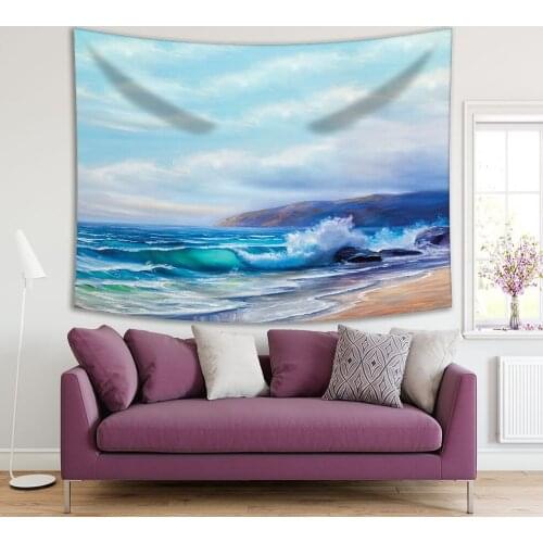 Tapestry Tropical Beach Wavy Sea Exotic Nature Seaside Decorating Oil Painting Style Illustration Blue Beige