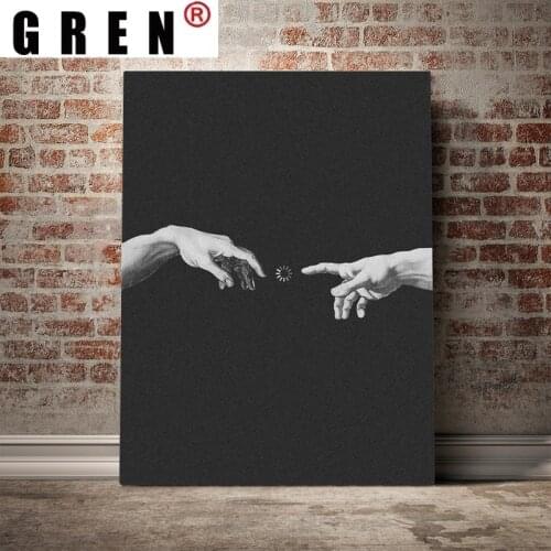 GREN Abstract Canva Painting Poster Print Michelangelo Creation Of Adam Black White Sofa Wall Art Picture Home Decor Living Room