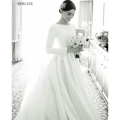 JIERUIZE White Satin Simple Wedding Dresses Long Sleeves Muslim Wedding Gowns Bride Dresses robe de mariee