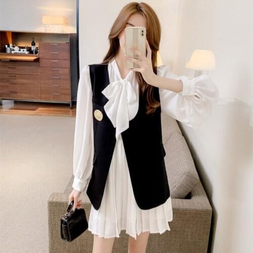 Spring Autumn Two Piece Set Women Fashion Black Sleeveless Suit Vest+Long Sleeved Bow Tie White Shirt Female Design Sense Suit