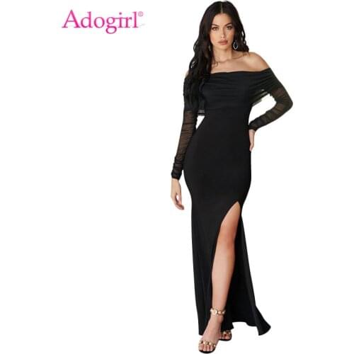 Adogirl Black White Folded Sheer Mesh Off Shoulder Maxi Party Dress Women Sexy Slash Neck Long Sleeve High Slit Bodycon Dress