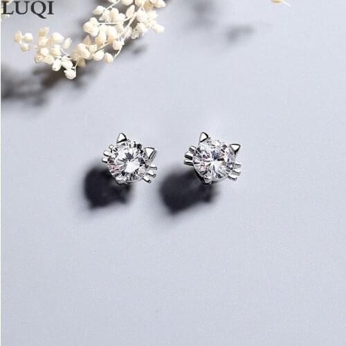 Fashionable Womens S925 Silver Cute Cat Zircon Personality Stud Earrings ES300022