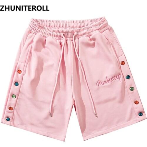 Fashion Side Button Men Streetwear Shorts Kanji Embroidery Hip Hop Harajuku Cotton Jogger Shorts Summer Track Short Sweatpant