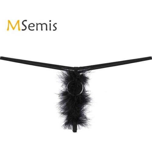 Mens Feather Crotchless Underwear T-back Low Rise Underpant Elastic Waistband G-string Lingerie Metal Ring Thongs Briefs Panties