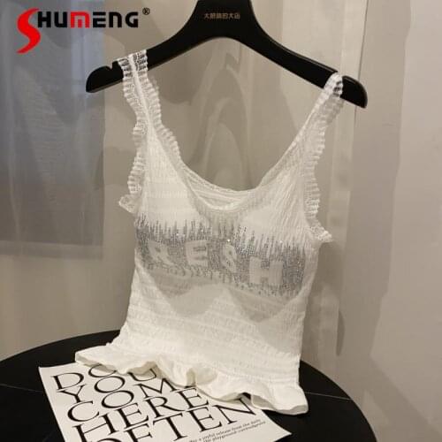 2021 Summer New Gradient Letters Hot Rhinestone Lace Pleated Slim Vest Camisole Female Sexy Tube Tops