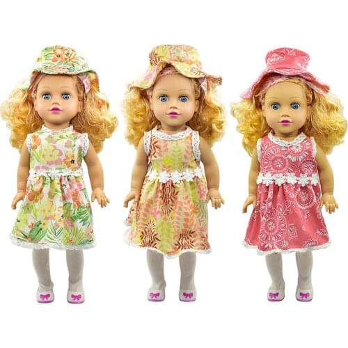 18-inch Doll Dress Hawaiian Style Dressup Toy Lace-side Floral Print Dress with Hat Doll Clothing for Girls Kids Game