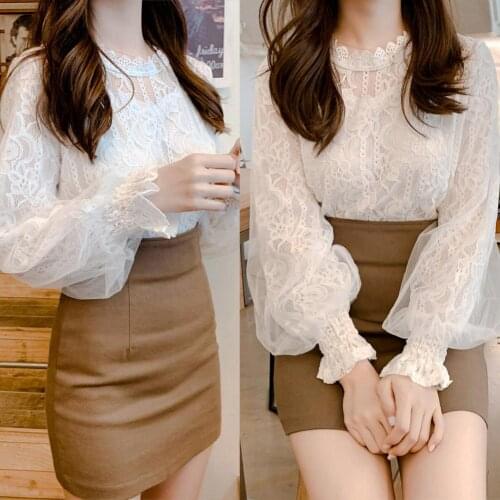 Casual Women Floral Lace Brim Hollow Out Puff Sleeve Mock Neck Top Blouse Shirt