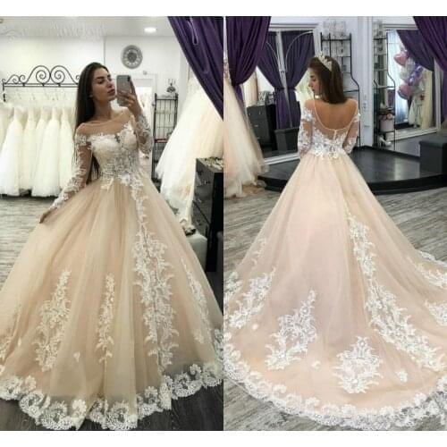 Champagne Wedding Dresses Lace Applique Long Sleeves Bridal Gowns A-Line Princess Dresses Party Prom Vestido De Noiva 2020