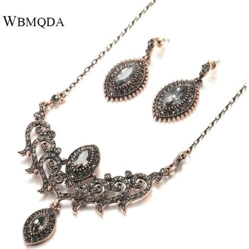 Wbmqda Luxury Gray Crystal Flower Women Earring Necklace Jewelry Sets Gold Color Turkish Rhinestone Vintage Wedding Jewelry