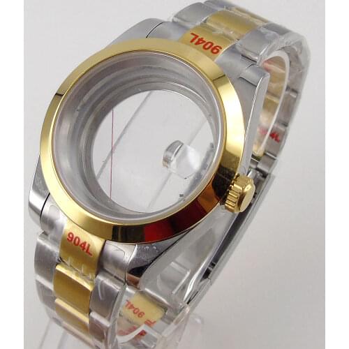 Twon Tone Gold Coated Polished Automatic Watch Case fit NH35A Movement Seeing Back Oyster Strap