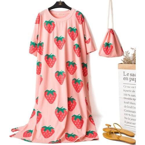 Large Size 2021 Summer Dressing Gown Short Sleeve Strawberry Carrot Printing Pajamas Dress Home Lounge Sweet Lovely Nightgown