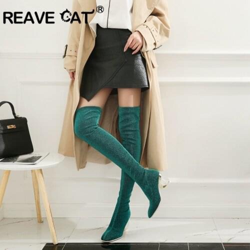 REAVE CAT Women Stretch Slim Thigh High Boots Sexy Over the Knee Boots Strange Mid Clear Transparent heels Glittering Bottine Fe