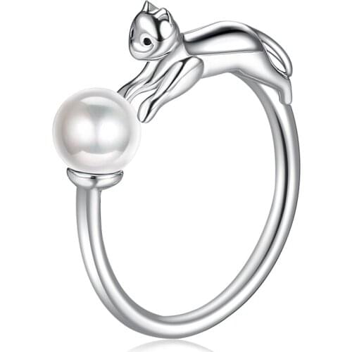ZEMIOR Authentic Sterling Silver 925 Rings Naughty Cat With Ball Open Finger Rings For Women Shell Pearl Adjustable Jewelry