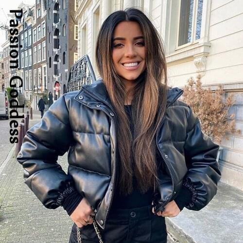 Winter Women Faux Leather Parkas Jacket Warm Bubble Coat Down Parka Puffer Jackets Outcoat Stand Collar Cropped Parka Mujer 2020