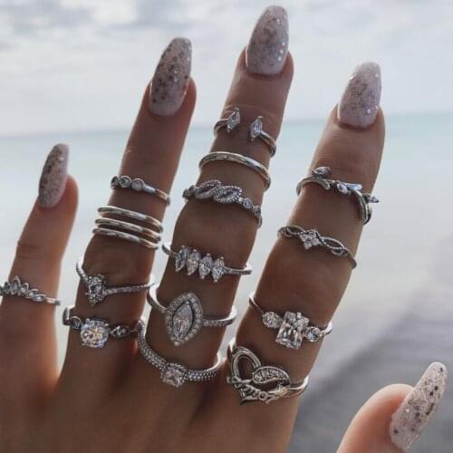 15Pcs/Set Bohemian Retro Silver Color Crystal Ring Set For Women gift Knuckle Ring Crystal Rhineston Ring Wedding Party Jewelry