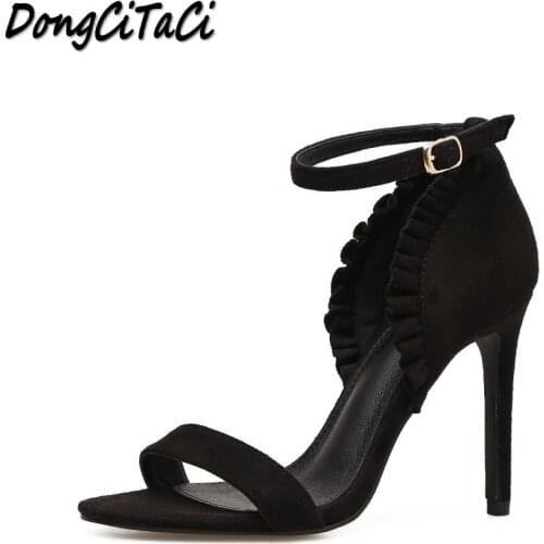 N Women High Heels Sandals Shoes Woman Pumps Fashion Ruffles Ankle Strap Buckle Party Wedding Ladies Sexy Stilettos