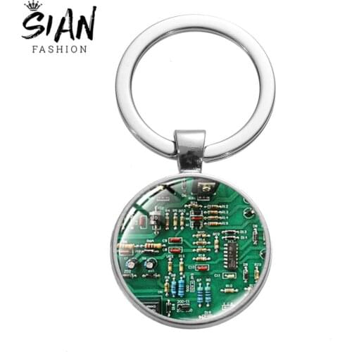 SIAN Hot Fashion Computer Green Circuit Board Keychain Handmade Geometry Glass Cabochon Pendant Metal Keyring Men Student Gifts