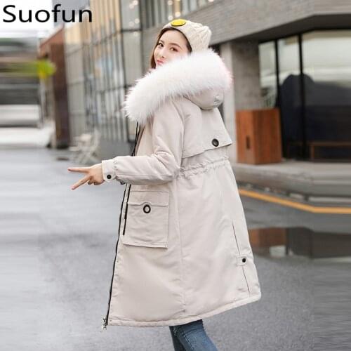Suofun Long Zipper Casual Cotton With Hooded Fur Long Waist Jacket England Style 2021 New Fahsion Winter Warm Womens Parka Coat