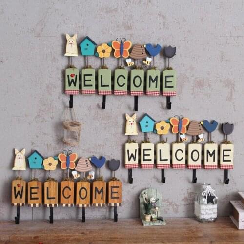 Welcome Wall Key Hooks Home Creative Hanger Bathroom Robe Hooks Metal Hooks with Wood Board 4 Iron Hook