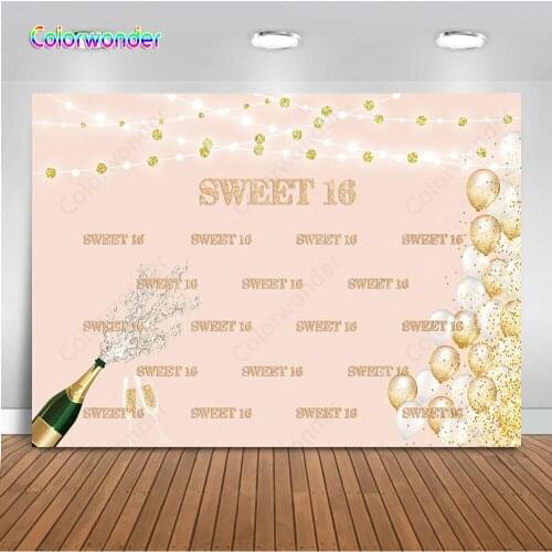 Colorwonder Photography Background Champagne with Glitter Glass 5x7ft Balloons with Golden Powder Pink Backdrop For 16 Birthday