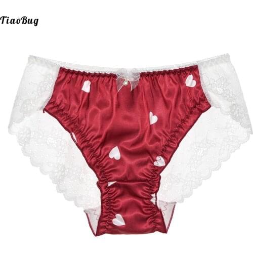 TiaoBug Men Sissy Gay Crossdress Cosplay Elastic Waistband Bowknot Hearts Print See-Through Lace Back Cute Briefs Underwear