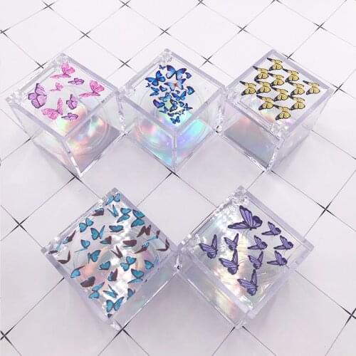 Wholesale Eyelash Box Custom Butterfly Print Clear Cube Box Fluffy 25mm Mink Eyelashes Empty Lash Case