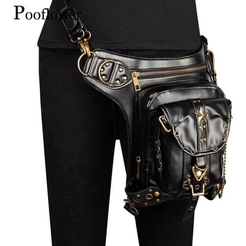 Pooflower Outdoor Running Bags Men Waist Bag Vintage Punk PU Leather Waist Belt Bags Women Gothic Crossbody Shoulder Bags ZH083