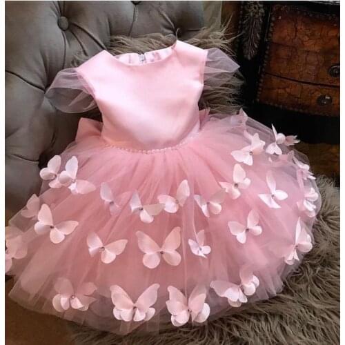 Pink Flower Butterfly Applique Girls Dresses Pink Girls First Communication Birthday Dresses Gowns Princess Ball Gowns Custom