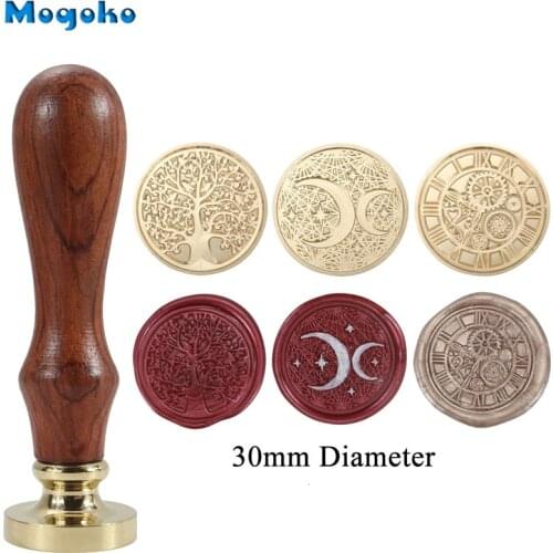 Mogoko 30mm Sealing Wax Stamps Vintage Brass Head Wooden Handle Wax Seal Stamp Envelope Decor Tree of Life/Clock Gear/Moon&Star