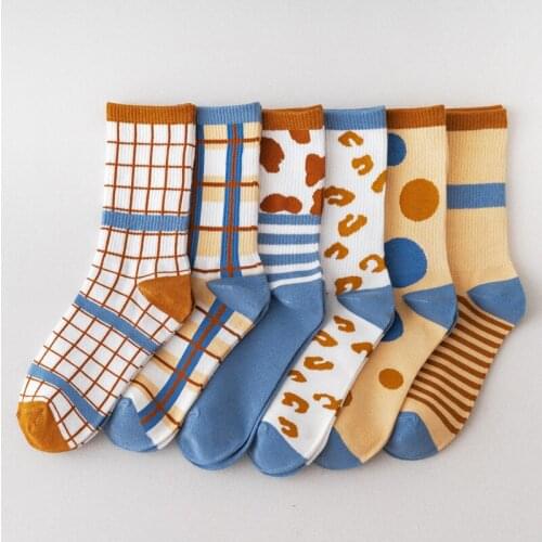Geometric Lattice Stripe Leopard Warm Women Blue Autumn Winter Cotton Casual Socks Streetwear Cute Funny Socks Short Happy Socks