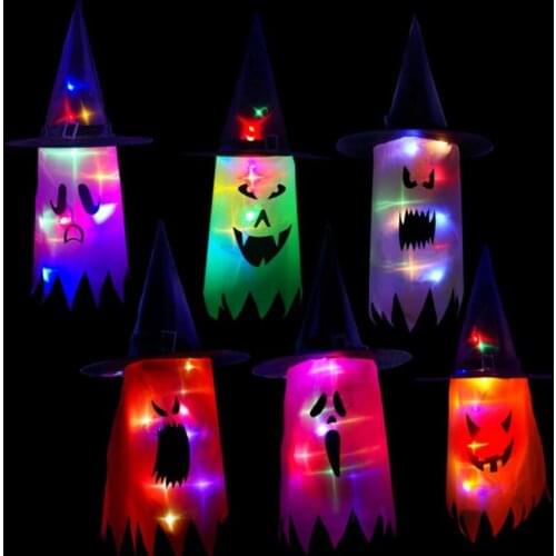 Halloween Decoration LED Lights Witch Hats Halloween Costume Cosplay Props Outdoor Tree Hanging Decor Halloween Party Ornament