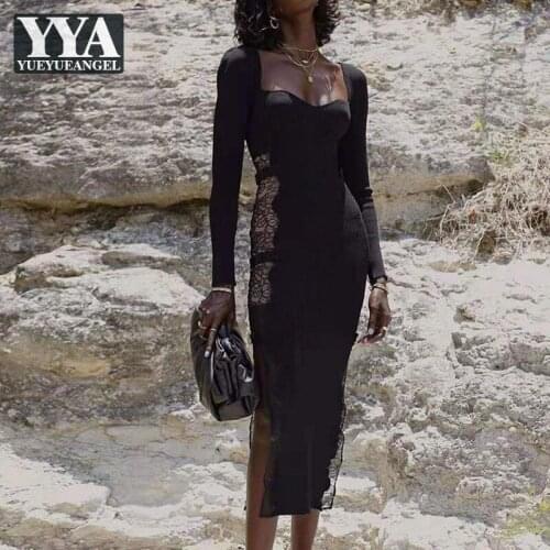 Party Black Dress Elegant Women Long Sleeve Knitting Dress Spring Autumn Slim Fit Patchwork Lace Slash Neck Split Sexy Dresses