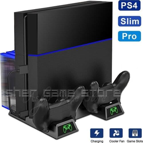 PS 4 Slim Pro Vertical Stand 2 Charger Dock 2 Cooing Fan 12 Games Slot for Sony Playstation 4 Play Station 4 Game Accessories