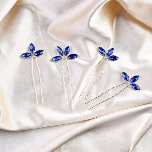 4PCS Blue Color Hair Pins Handmade Wedding Hair Jewelry Accessories Women Bridal Crystal Silver Color Hair Ornament Decoration