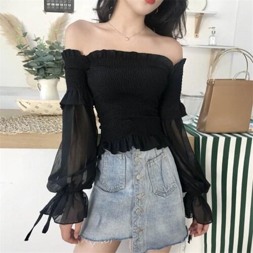 1 PC Black Solid Color Pleated Bow Fashion Women Ladies Long Sleeve Off Shoulder Cropped Tops Blouse Shirt Lace Up Corset