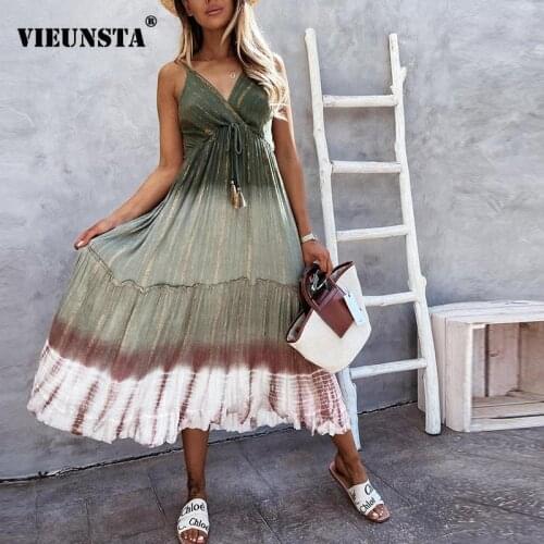Fashion Tie-dye Printed Patchwork Party Dress Women Summer Sleeveless Sling Long Dress Spring Deep V Neck Slim A-Line Maxi Dress