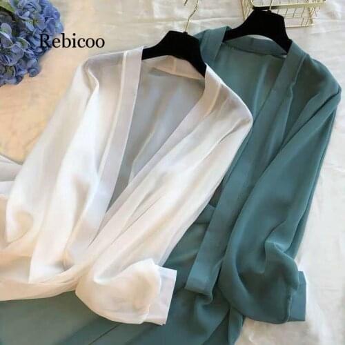 Rebicoo Women Ponchos Summer Ultra-thin Cardigan Solid Beach Vacation Sun Protection Coat Loose Mid-length Elegant Ponchos