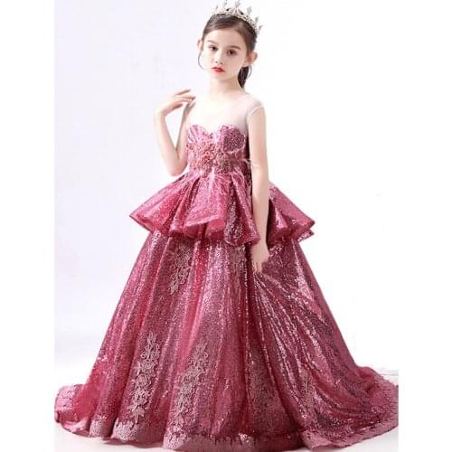 2020 Pink Ruffles Sweetheart Girls Wedding Dress Long Feathers Sequins Ball Gowns Dress vestido de novia ET0411