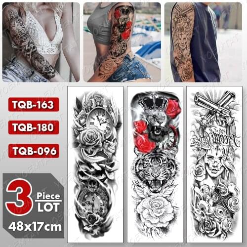 3 pcs/lot Large Arm Sleeve Tattoo Lion Tiger Waterproof Temporary Tatto Sticker Crown Rose Body Art Full Fake Tatoo Women Men