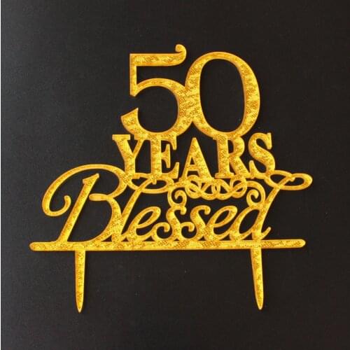 50 Years Blessed Cake Topper Happy Birthday Glitter Gold Cake Topper for Party Accessories Custom Age Cake Stand Birthday