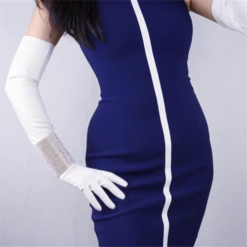 60cm Long Leather Gloves Long Section Over Elbow Emulation Leather Sheepskin PU Gloves Touch Screen White Female PU32-60