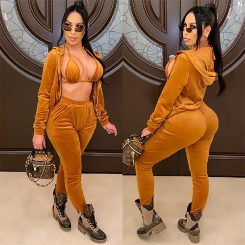 Velvet Tracksuit Women Three Piece Set Autumn Clothes Zipper Hooded Coat Bra Pencil Pants Suit Casual Velour Womens Sets Outfit