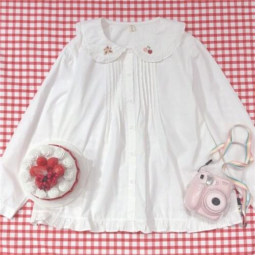 Japan Mori Lolita Blouses Girls Peter Pan Collar Cute White Shirts Women Clothes Kawaii Bear Long Sleeve Vintage Ruffle Tops