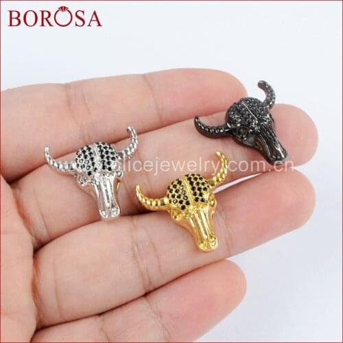 BOROSA Micro Pave CZ Black Zircon Cattle Buffalo Bull Beads,Wholesale OX Head Beads for Necklace & Bracelet DIY Jewelry WX726
